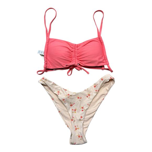 Aerie Two Piece Swimsuit Bikini Bandeau Top Cheeky Bottoms Ditsy Floral Pink S - Picture 1 of 5